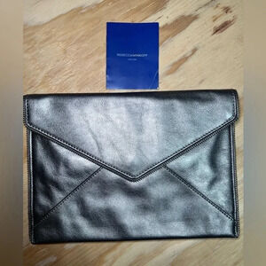 REBECCA MINKOFF Silver Leather LEO Envelope Clutch Purse Zipper Trim w/Care Card